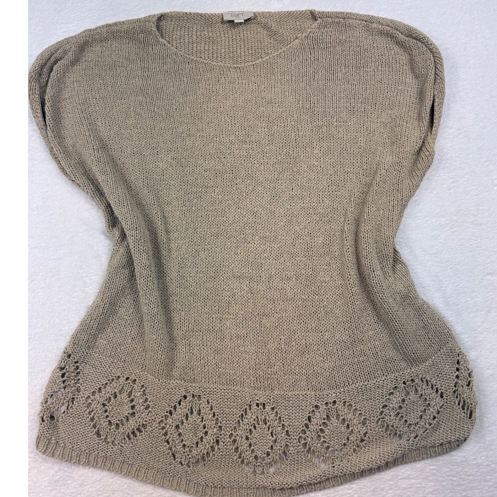 Loft Outlet Taupe Tan Pointelle Crochet Hem Short Sleeve Knit Sweater XL
